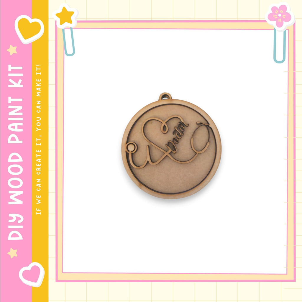 a wooden pendant with a heart and a star design, set against a pink and yellow background with a frame.
