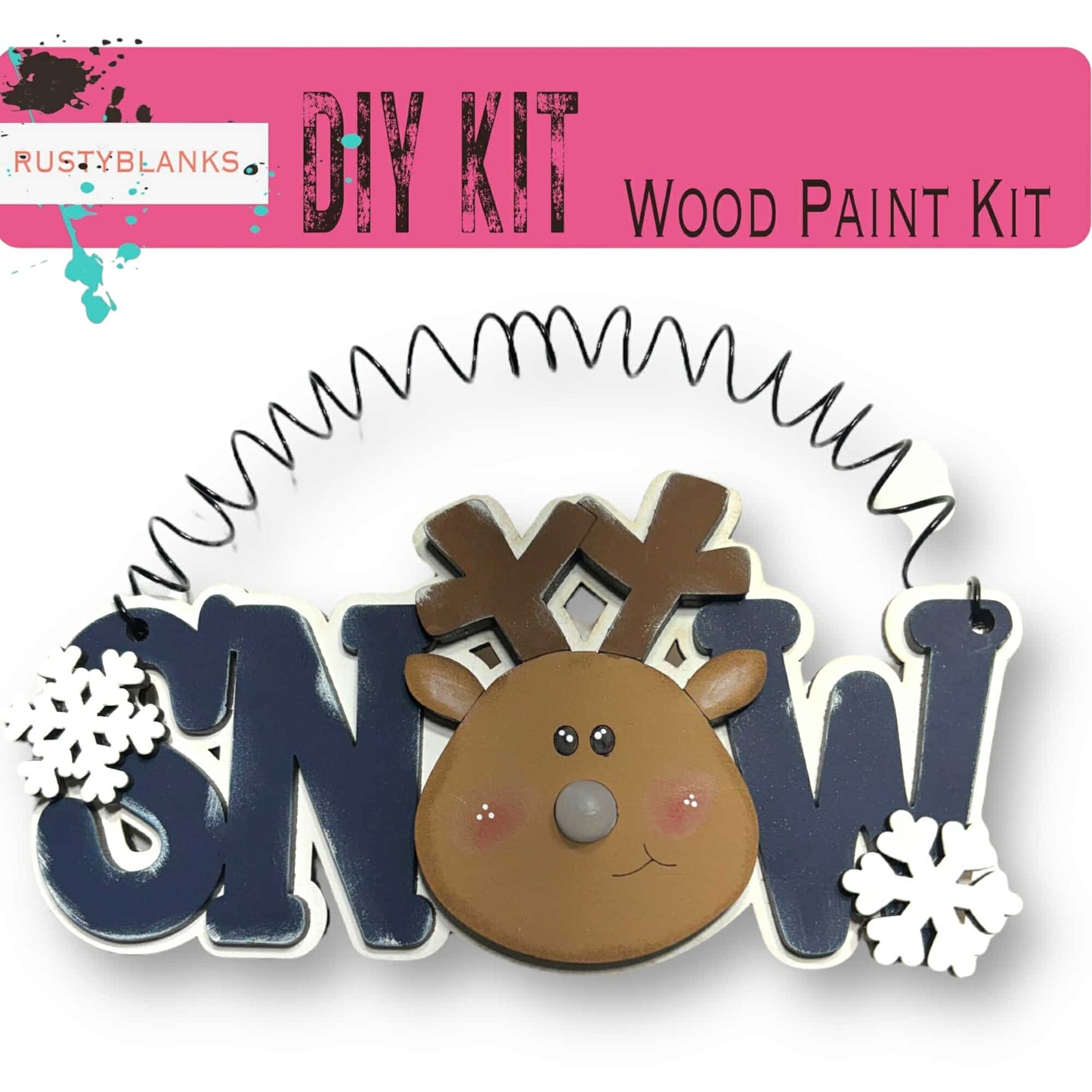 a wooden craft kit with a reindeer head and snowflakes