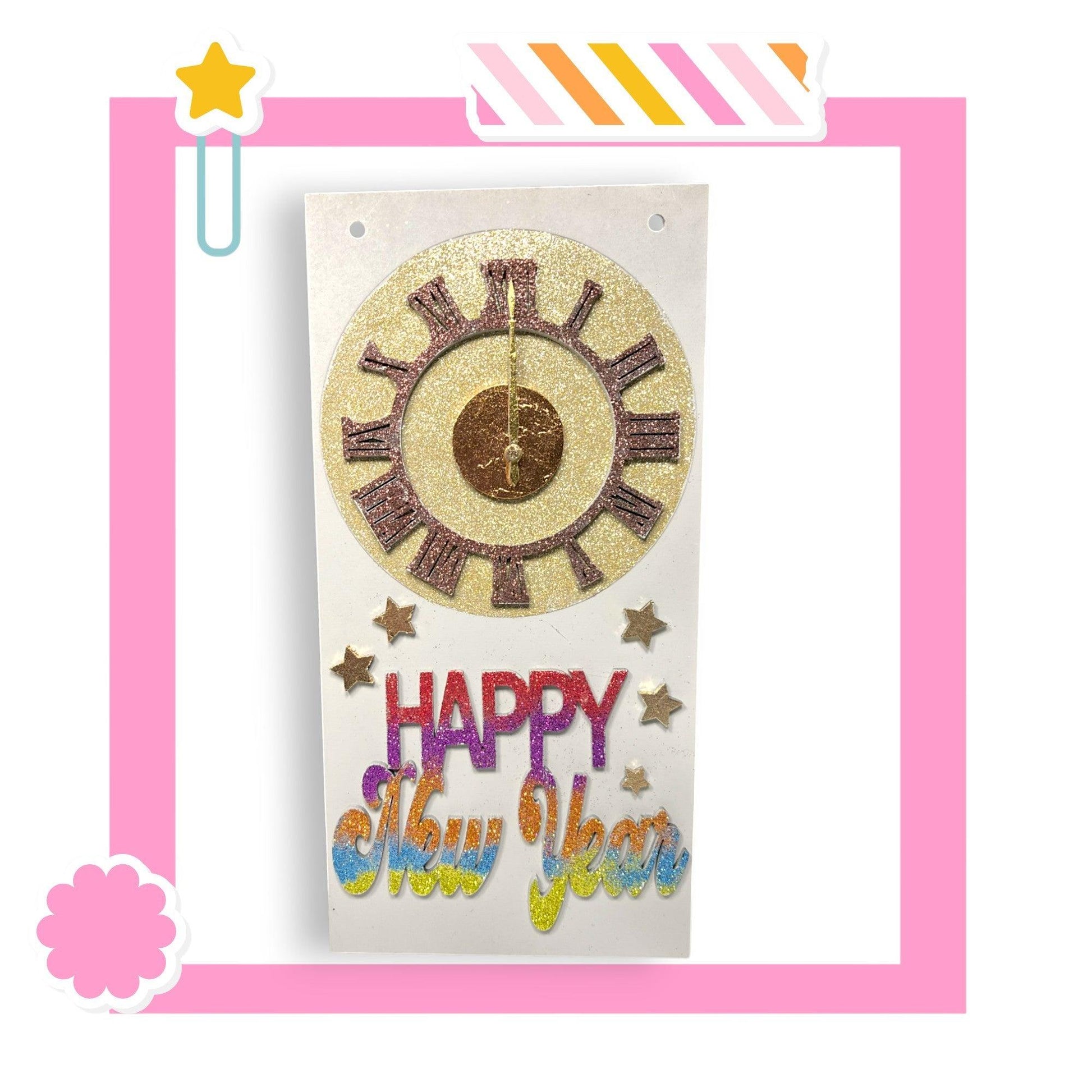 a happy new year card with a clock and stars