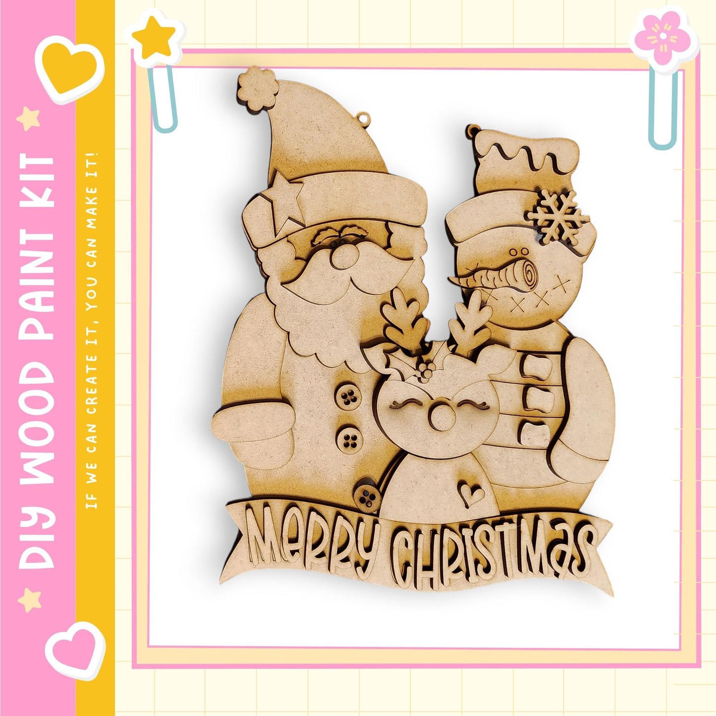 A wooden Christmas ornament kit featuring a Santa Claus and a reindeer, with the text "Merry Christmas" displayed on the ornament.