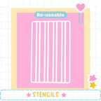 a pink background with a white grid pattern, and there is a heart-shaped object on the right side. The word "Re-useable" is displayed above the grid pattern, and the word "STENCILS" is written at the bottom of the image.
