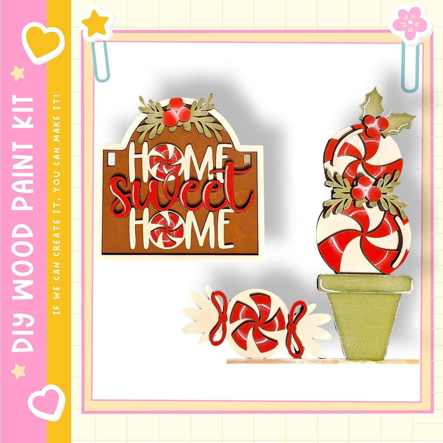 The image is a collage featuring a wooden sign that says "Home Sweet Home", a candy tree made of candy, and a candy cane. The sign is surrounded by a pink and yellow border, and the candy tree is placed in a green pot.