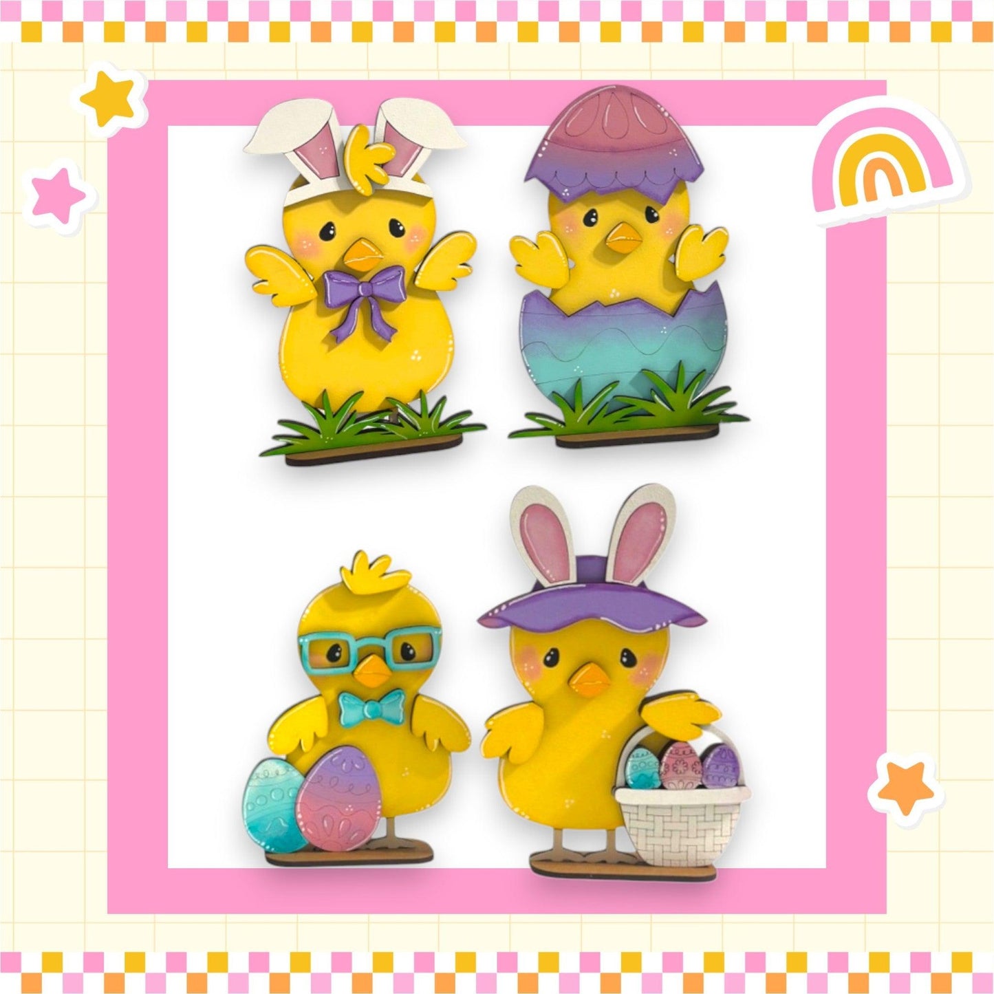 a picture of easter chicks with a basket of eggs