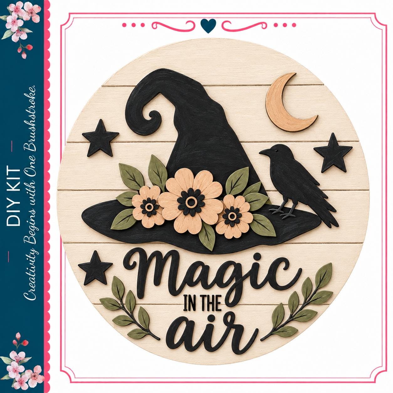 a wooden sign with a black witch's hat, flowers, and a bird, along with the text "Magic in the air".