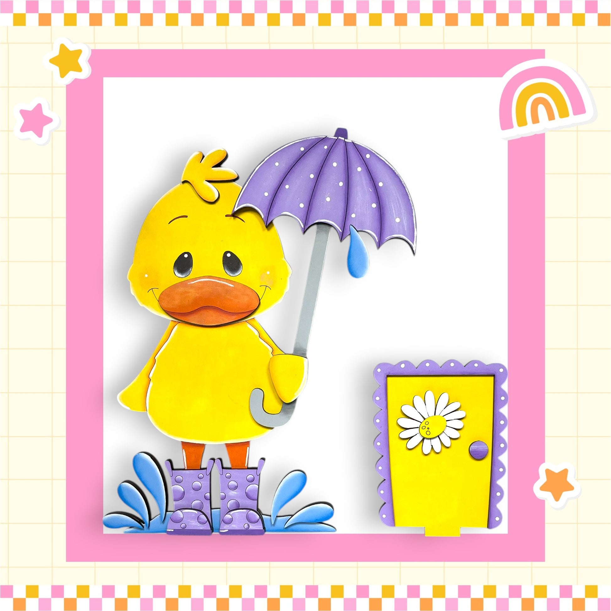 A yellow duck holding a purple umbrella and standing in a puddle, with a yellow door and a flower nearby.
