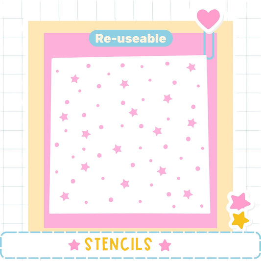 The image is a collage of various images, including a pink and white background with pink stars and a heart-shaped sticker. The word "Re-useable" is displayed above the image, and the word "STENCILS" is written at the bottom of the image.