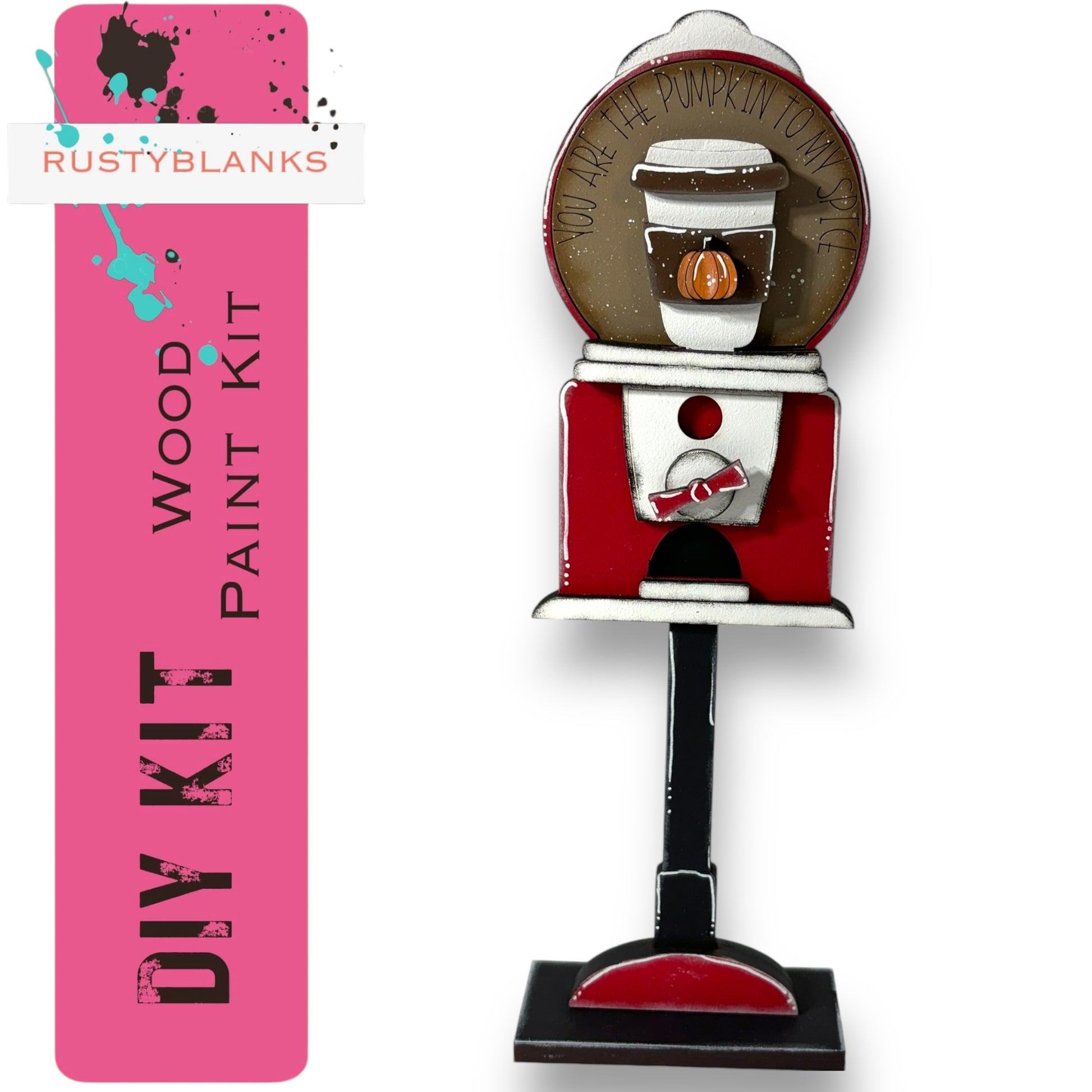 A DIY paint kit for a wooden paint set, featuring a red and white painted gumball machine with a pumpkin decoration.