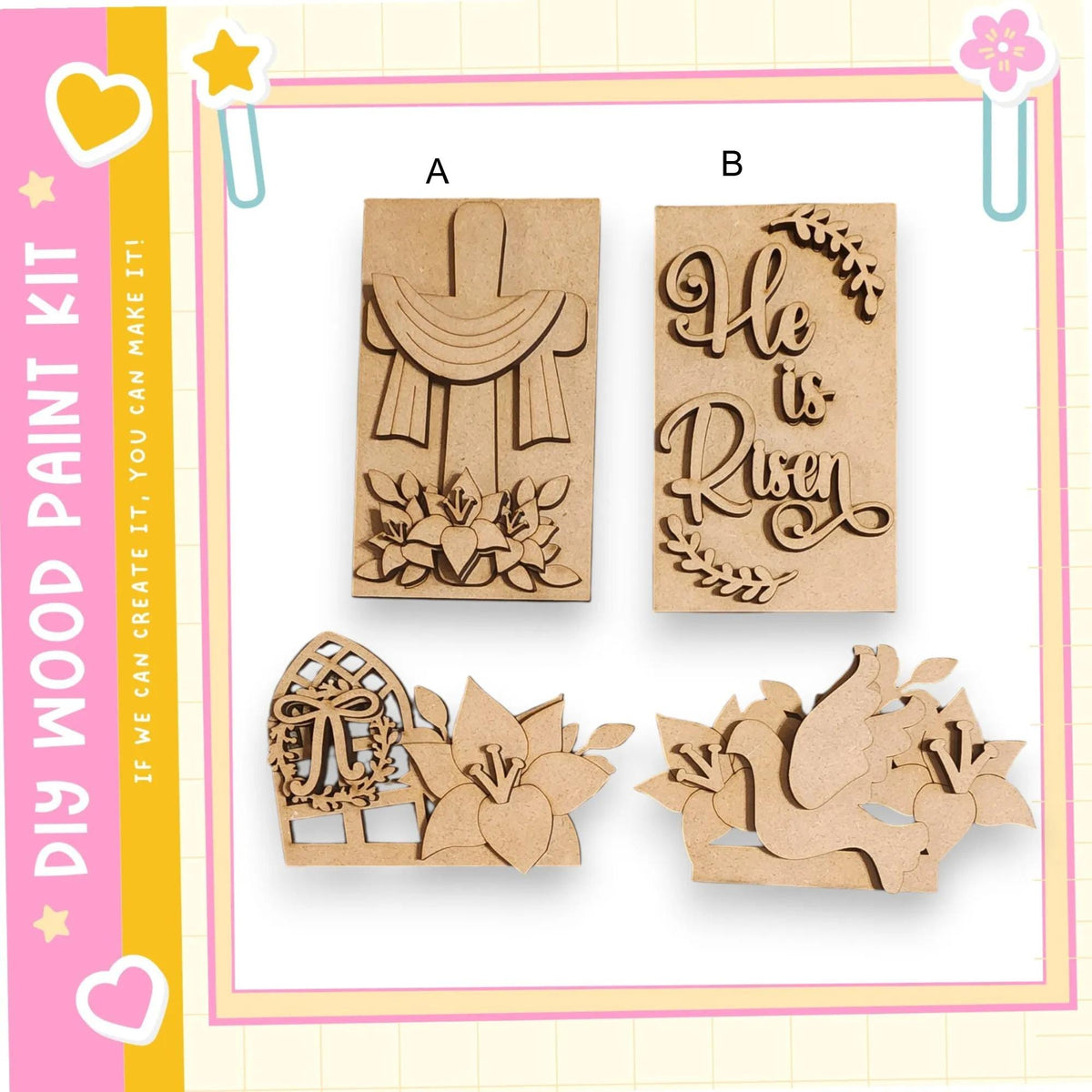 various wooden cutouts, including a cross, a bird, and a floral design, arranged in a frame.