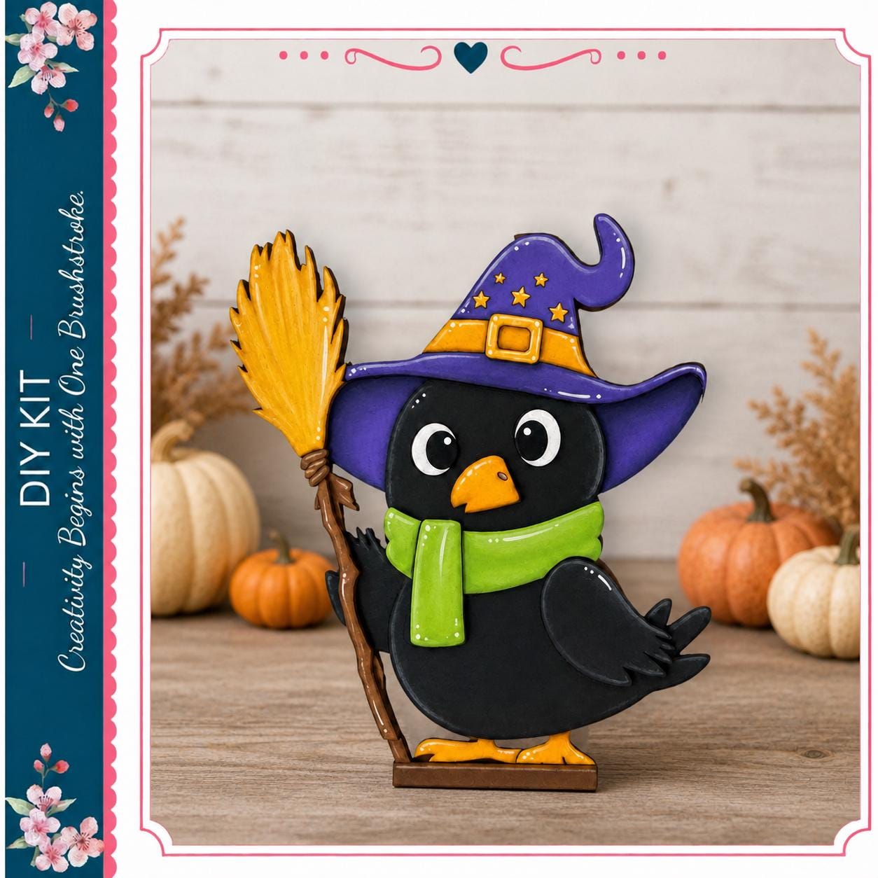 A whimsical black bird wearing a purple witch's hat and green scarf is holding a broom, surrounded by pumpkins and flowers, creating a festive Halloween scene.