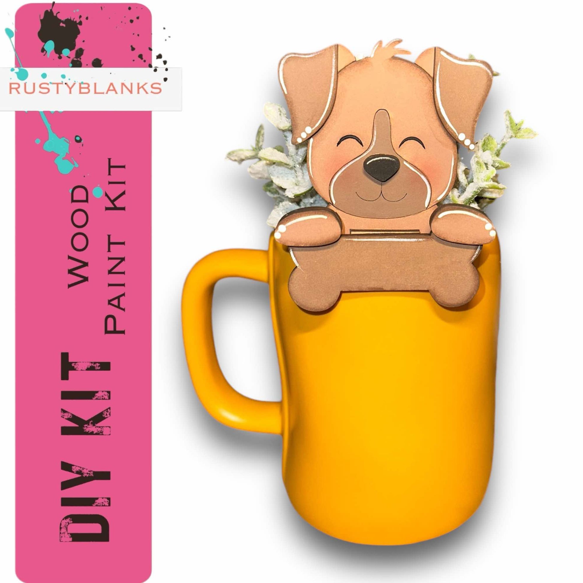 a yellow coffee mug with a dog in it