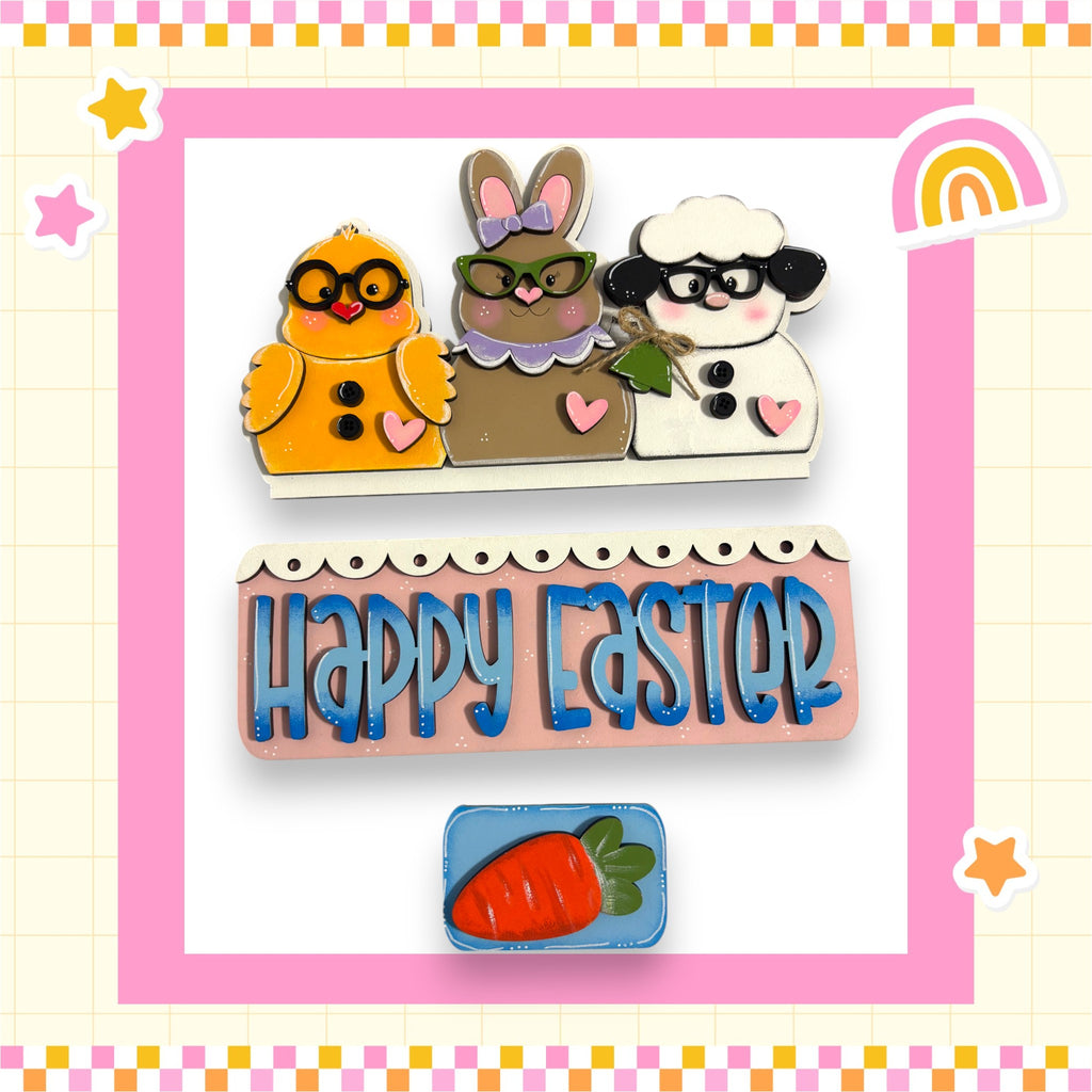 A cheerful Easter greeting featuring three cartoon animal characters, including a chicken, a rabbit, and a lamb, along with a sign that says "Happy Easter".