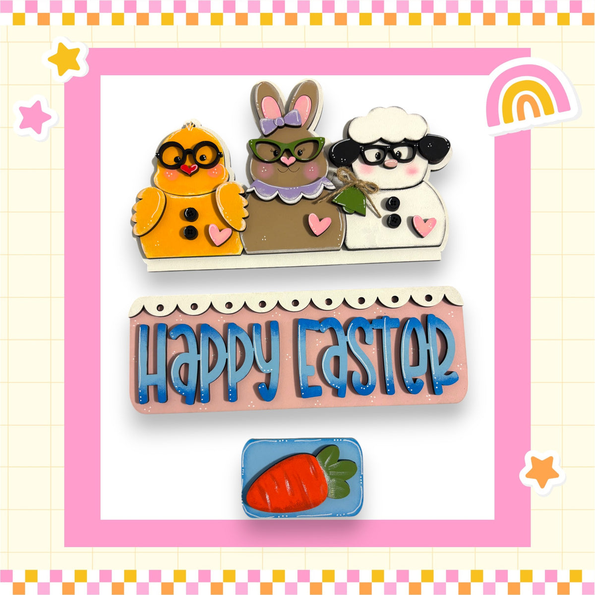 A cheerful Easter greeting featuring three cartoon animal characters, including a chicken, a rabbit, and a lamb, along with a sign that says "Happy Easter".