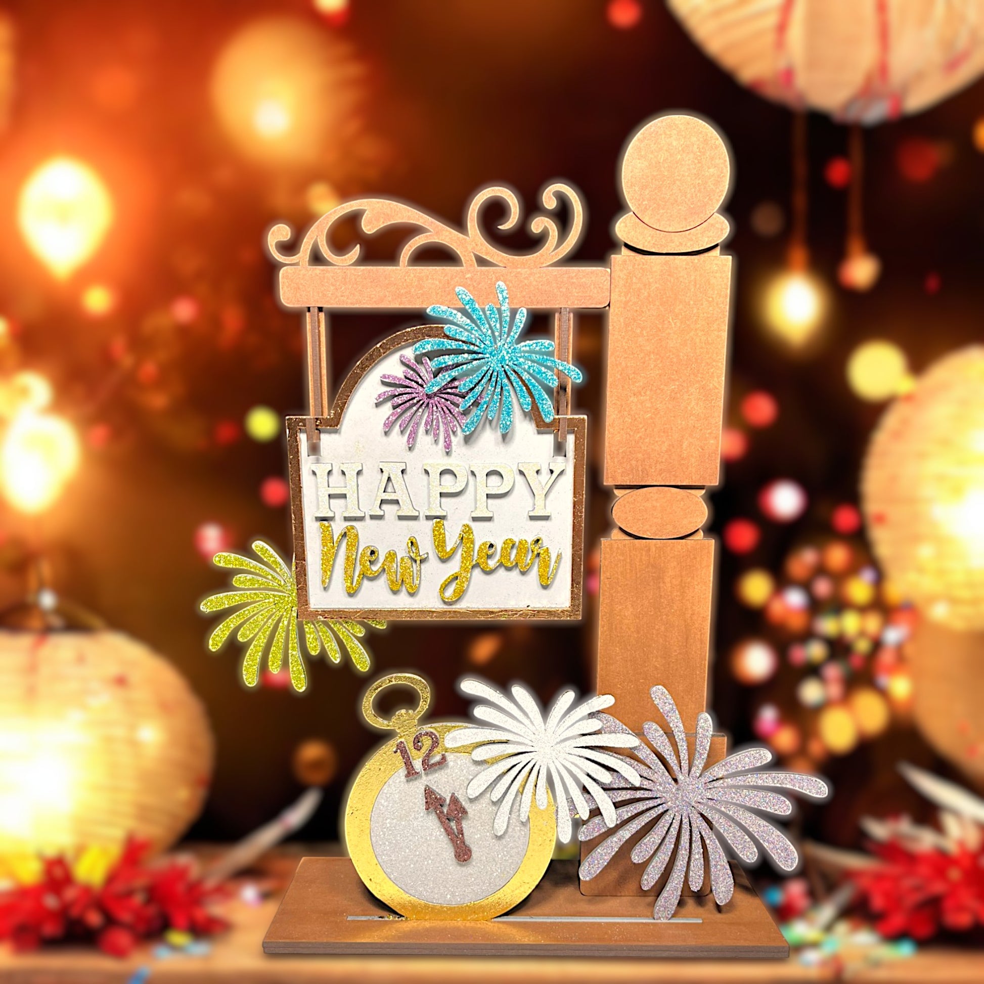 a happy new year card with a clock and fireworks