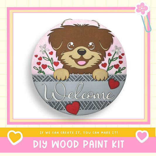 a picture of a dog with a welcome sign