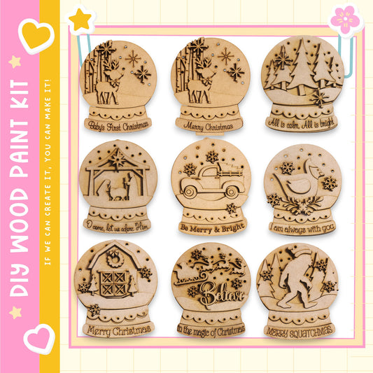 nine wooden snow globe ornaments with various holiday-themed designs, including animals, vehicles, and people.