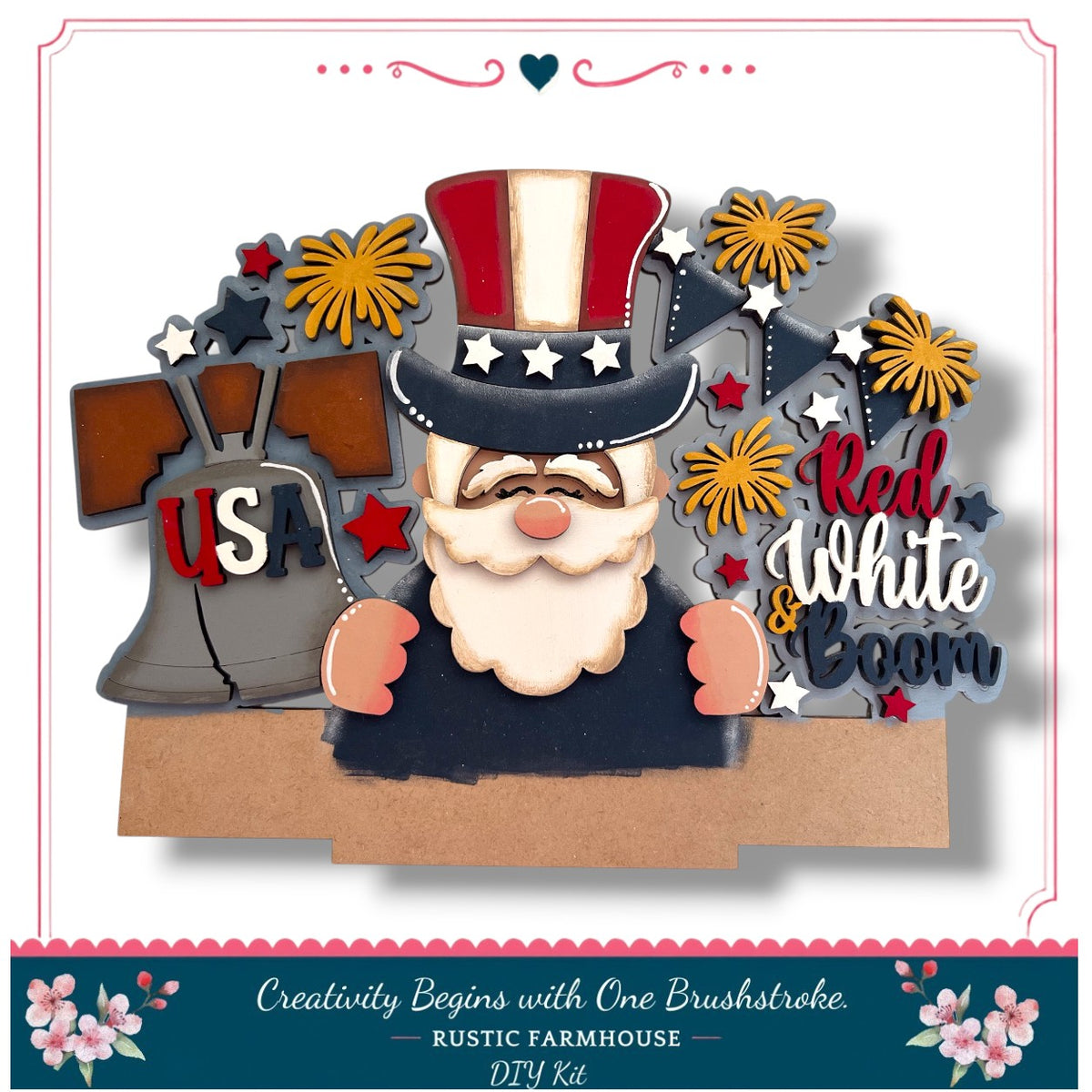 A DIY kit for creating a patriotic-themed decoration, featuring a bearded figure wearing a top hat and surrounded by American symbols such as the US flag, fireworks, and flowers.