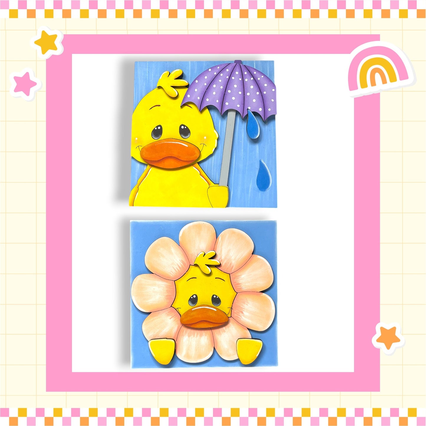 The image is a collage of two square images featuring a yellow duck holding an umbrella and a yellow duck with a flower on its head.