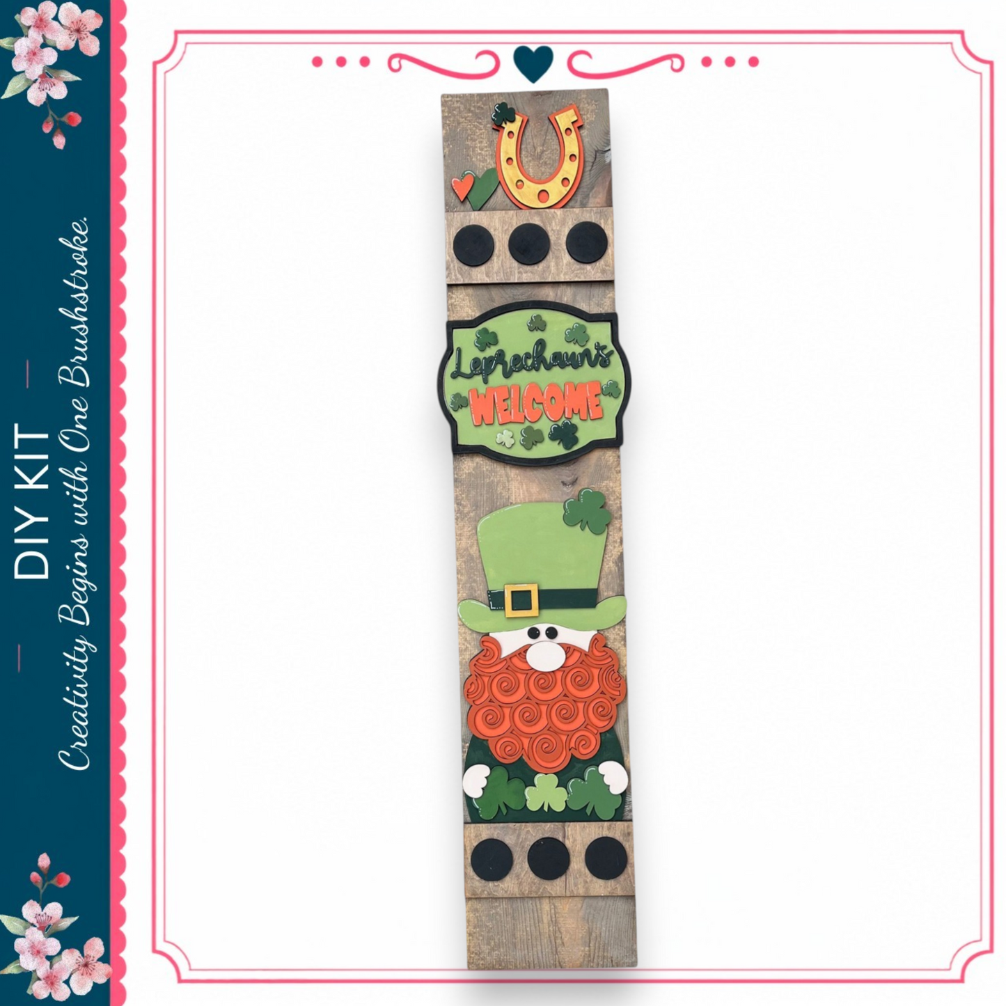 A vertical wooden sign with various decorative elements, including a horseshoe, a welcome sign, and a leprechaun. The sign appears to be a creative DIY project, possibly for a holiday celebration.