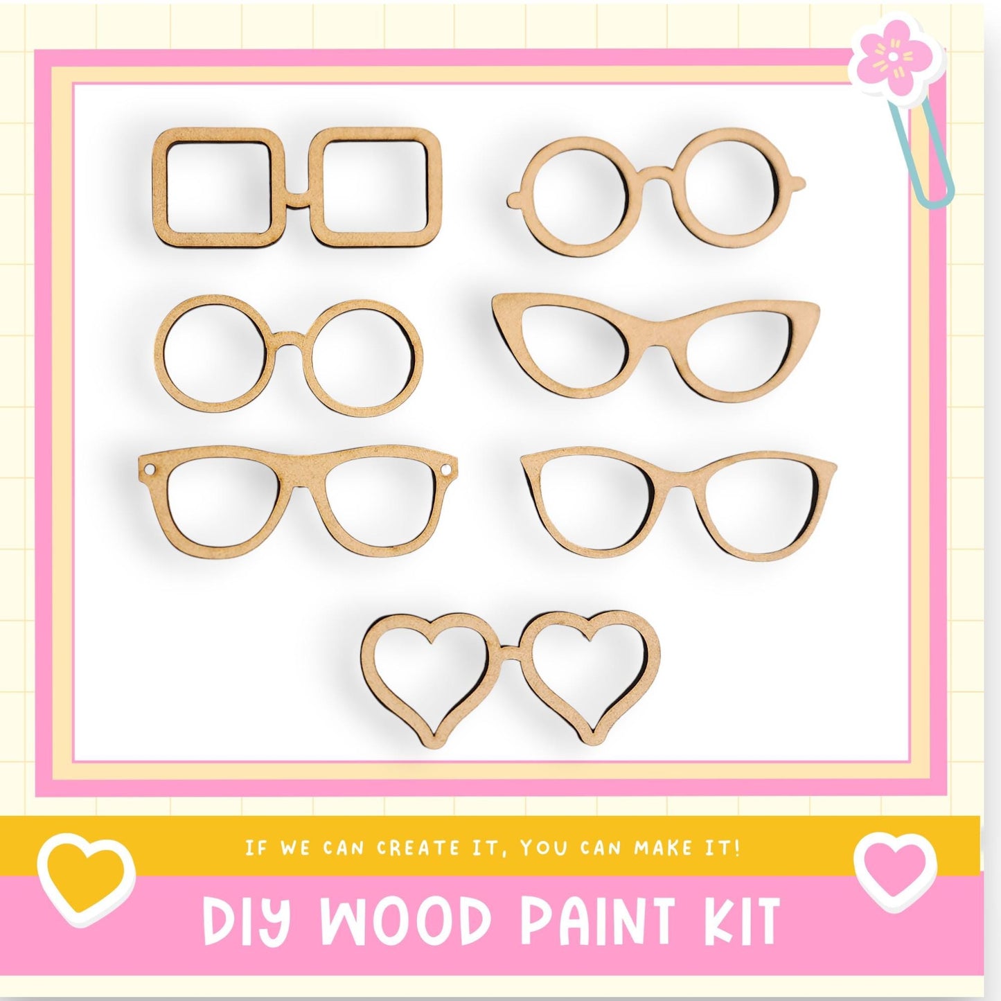 a DIY wood paint kit with various wooden shapes, including glasses, hearts, and other decorative elements, arranged on a white background.
