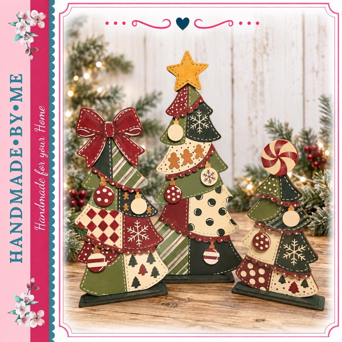 A handmade Christmas tree set with various ornaments and decorations, including a star, bows, and snowflakes, placed on a wooden surface against a backdrop of greenery and twinkling lights.