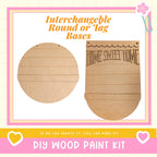 The image is a promotional poster for a DIY wood paint kit, featuring two wooden bases with text and a heart symbol.
