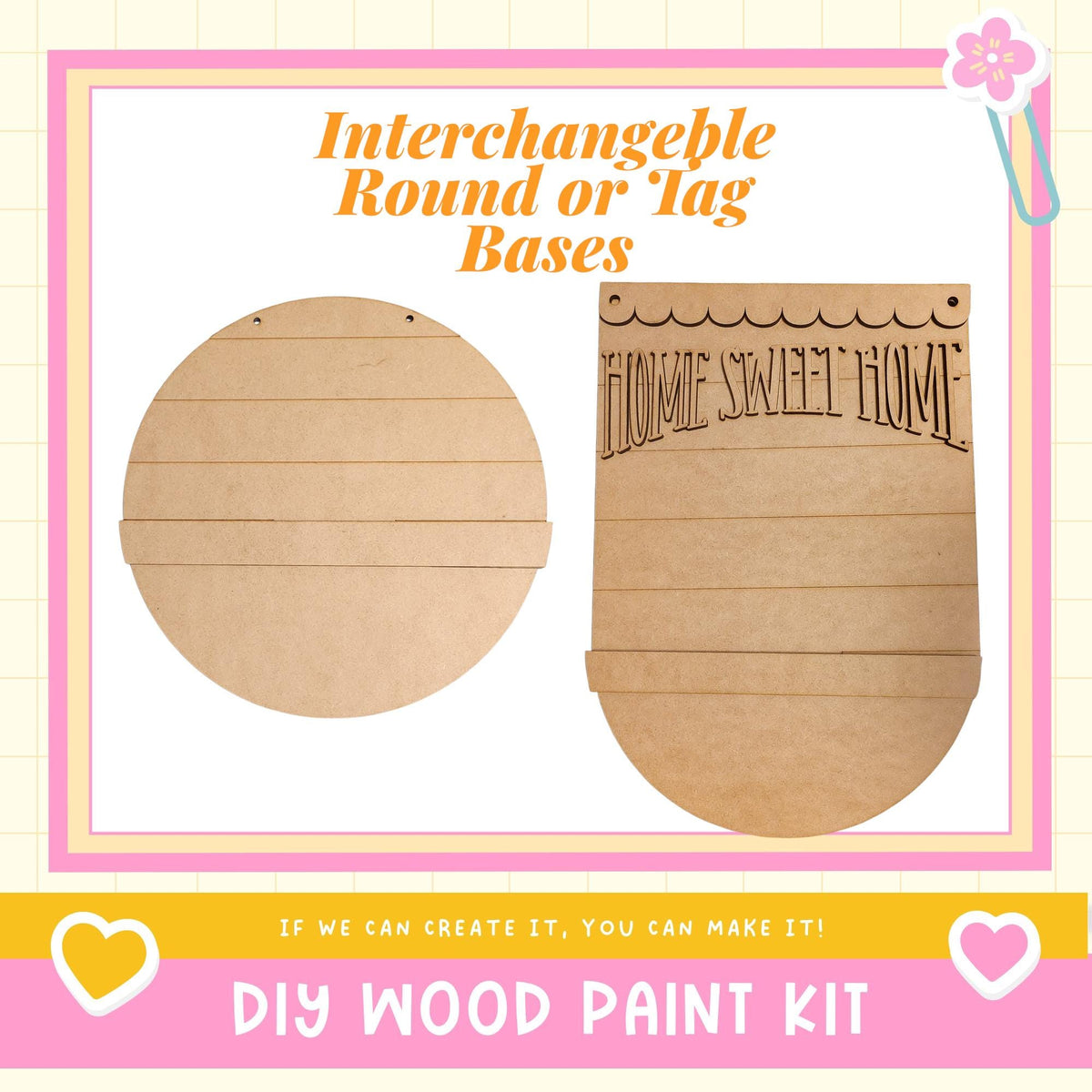 The image is a promotional poster for a DIY wood paint kit, featuring two wooden bases with text and a heart symbol.