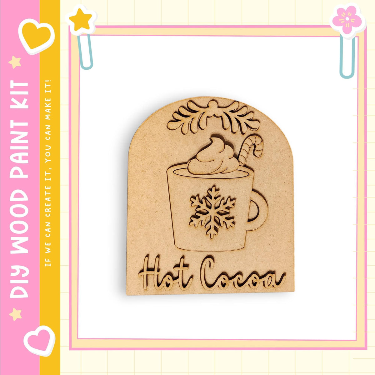 A wooden paint kit with a snowflake design and the word "Hot Cocoa" written on it.