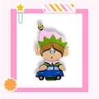 A cartoon image of an elf wearing a green hat and holding a blue car, set against a pink background with a star decoration.