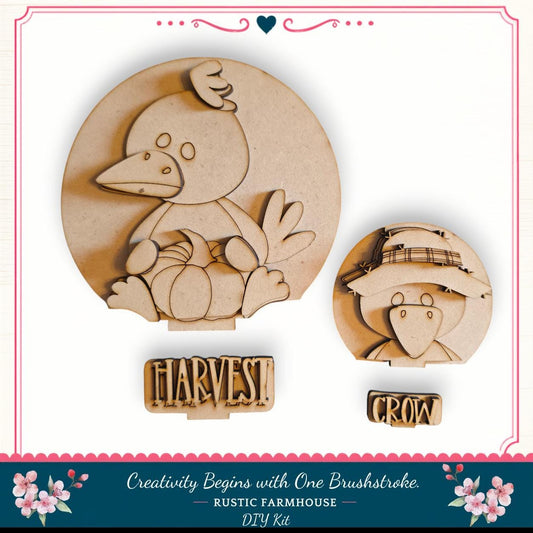 a rustic farmhouse-style DIY kit for creating wooden harvest signs. The kit includes two wooden shapes, one larger and one smaller, that are designed to resemble a bird and a crow. The larger shape is labeled "Harvest!" while the smaller one is labeled "Crow". The kit is presented against a white background, with a decorative border and floral elements. The text "Creativity Begins with One Brushstroke. Rustic Farmhouse DIY Kit" is displayed at the bottom of the image.