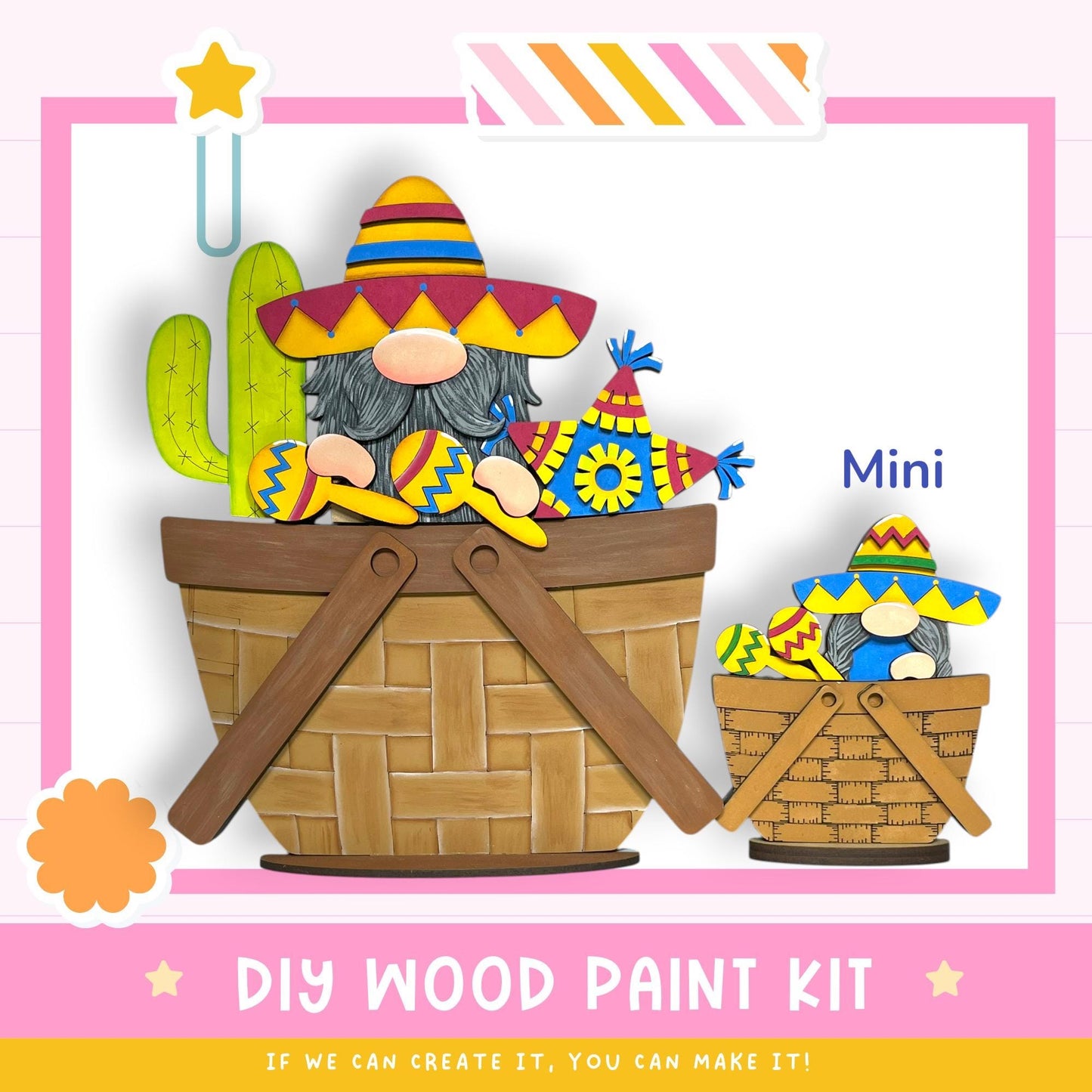 a DIY wood paint kit for creating wooden gnome decorations, including two gnome figures in baskets. The kit is designed for people to create their own wooden gnome decorations.