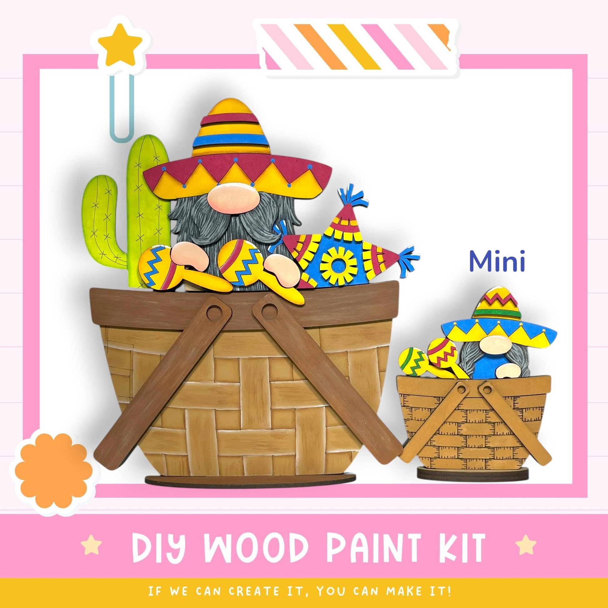 a DIY wood paint kit for creating wooden gnome decorations, including two gnome figures in baskets. The kit is designed for people to create their own wooden gnome decorations.