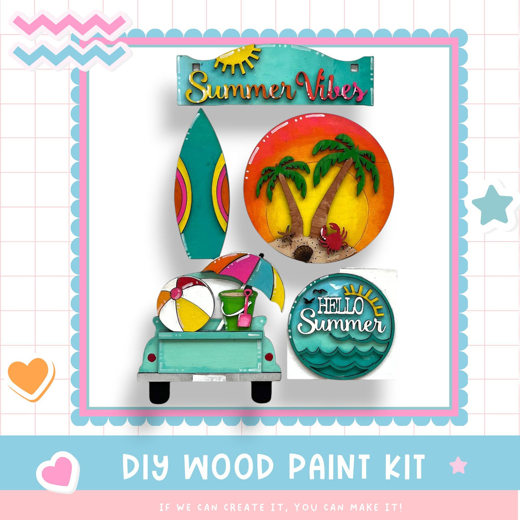 a picture of a surfboard, palm trees, and other items