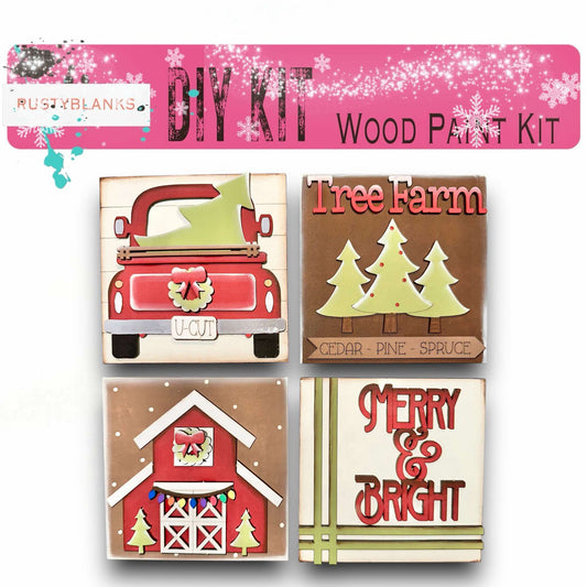 a set of four wooden magnets depicting farm scenes