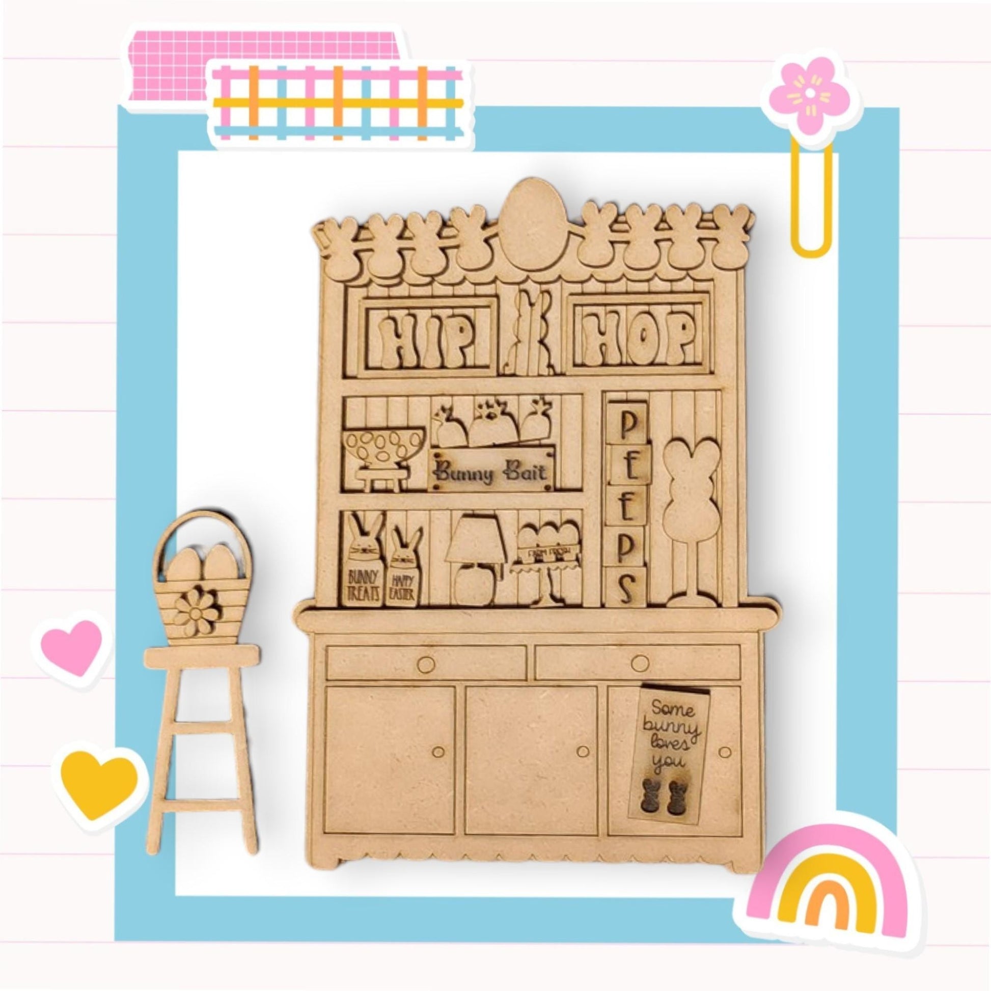 a picture of a wooden toy kitchen with a stool