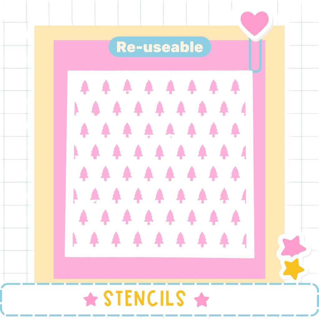 The image is a square with a repeating pattern of pink trees on a white background. The word "Re-useable" is displayed above the pattern, and the word "STENCILS" is written at the bottom of the image.