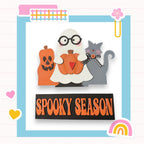 A spooky scene featuring a ghost, a cat, and a pumpkin, with the text "SPOKEY SEASON" displayed below.