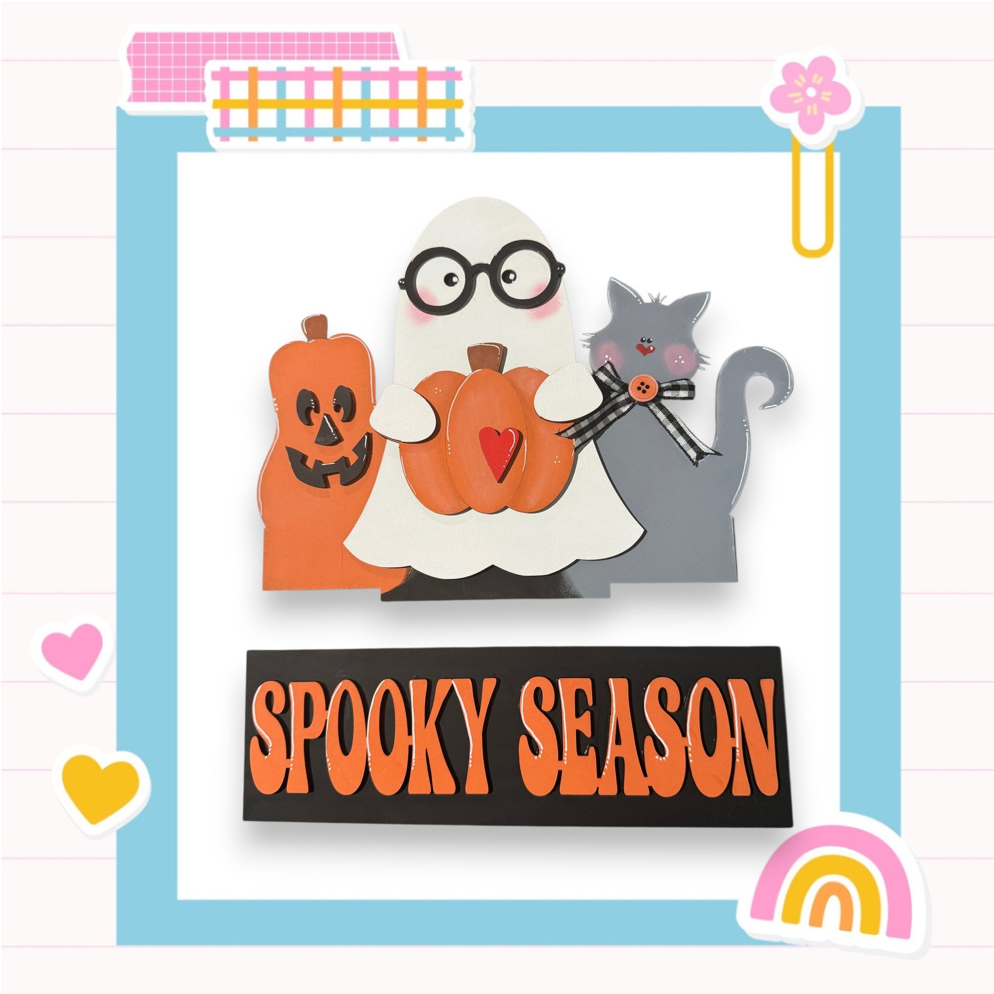 A spooky scene featuring a ghost, a cat, and a pumpkin, with the text "SPOKEY SEASON" displayed below.