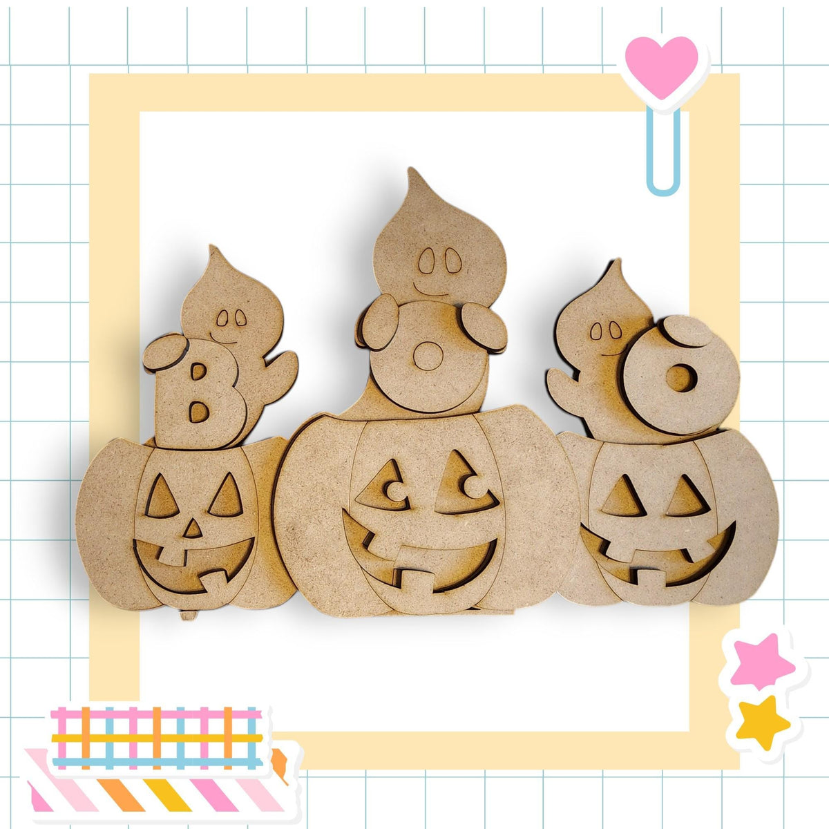 three wooden Halloween pumpkins with carved faces, arranged in a row.
