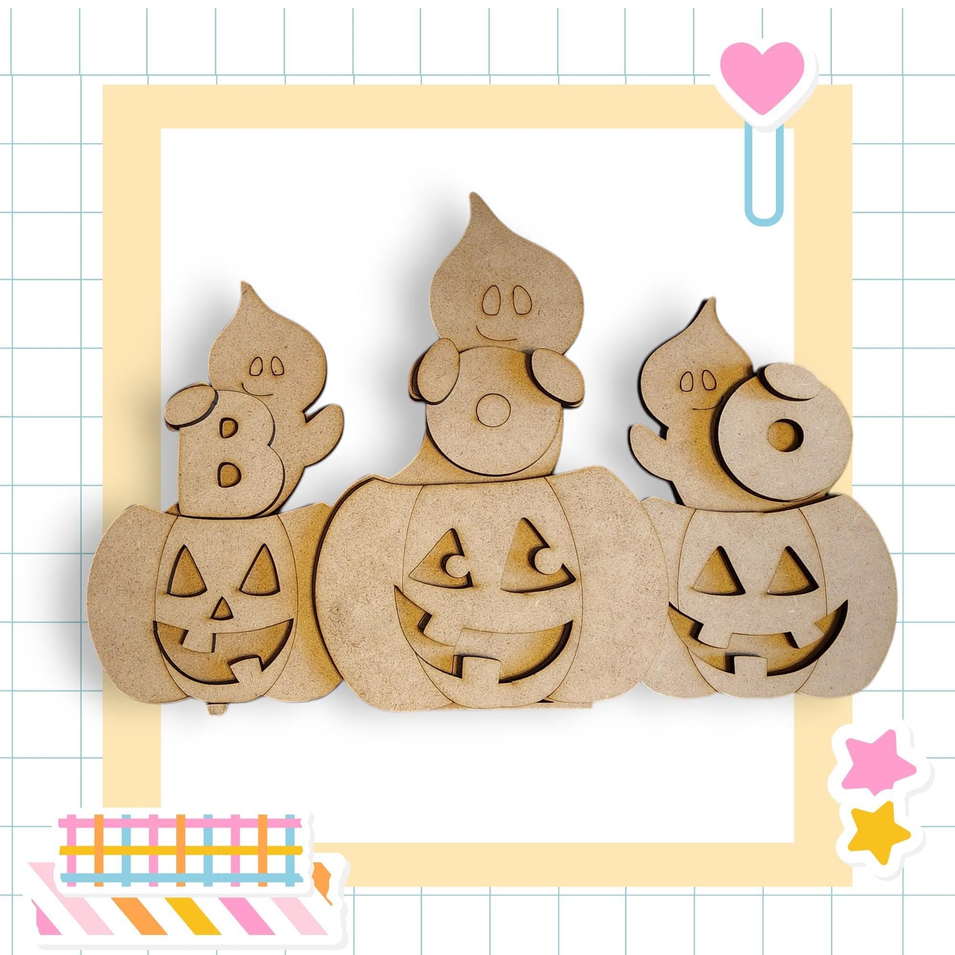 three wooden Halloween pumpkins with carved faces, arranged in a row.