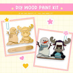 a picture of a snowman, a snowman, and a wooden craft kit