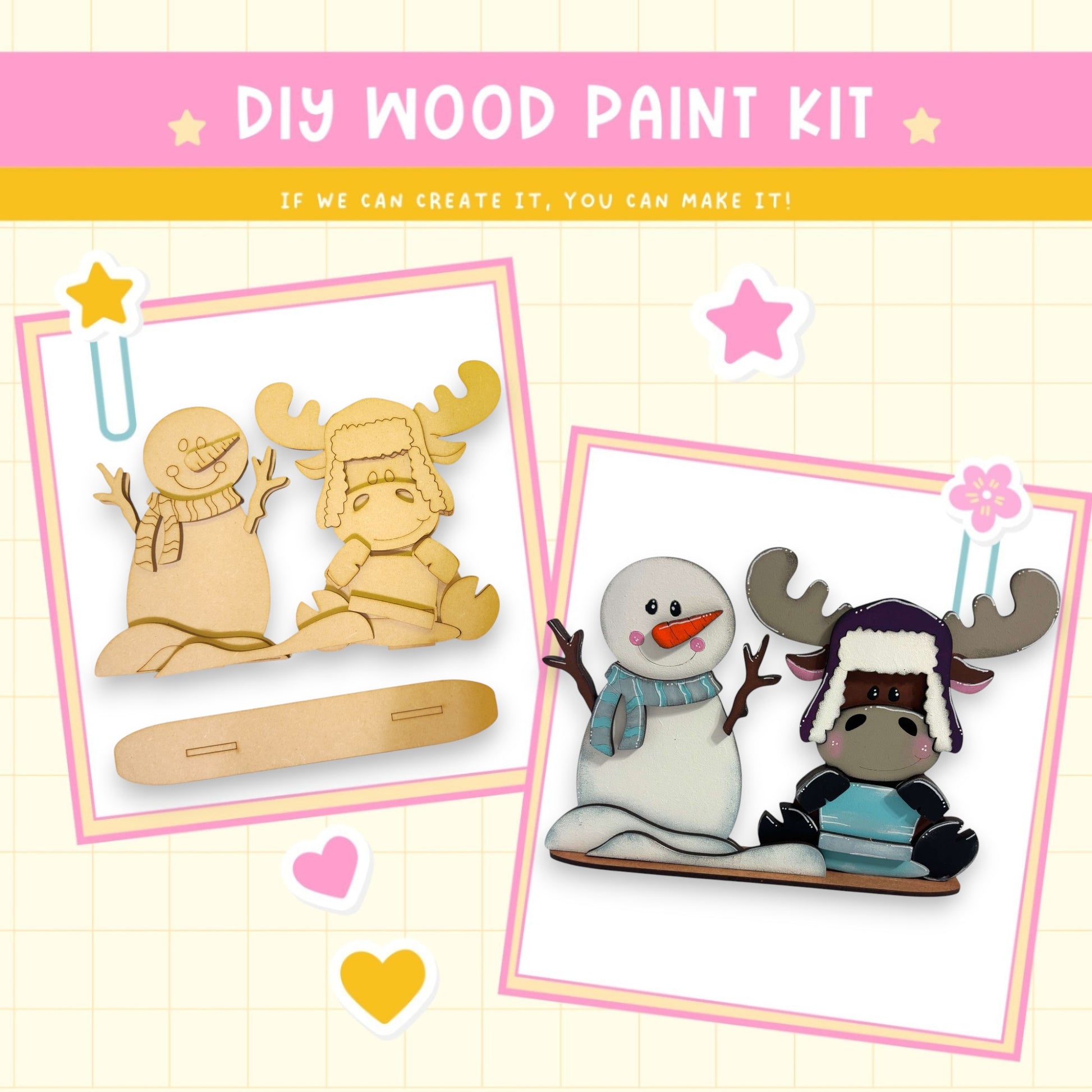 a picture of a snowman, a snowman, and a wooden craft kit