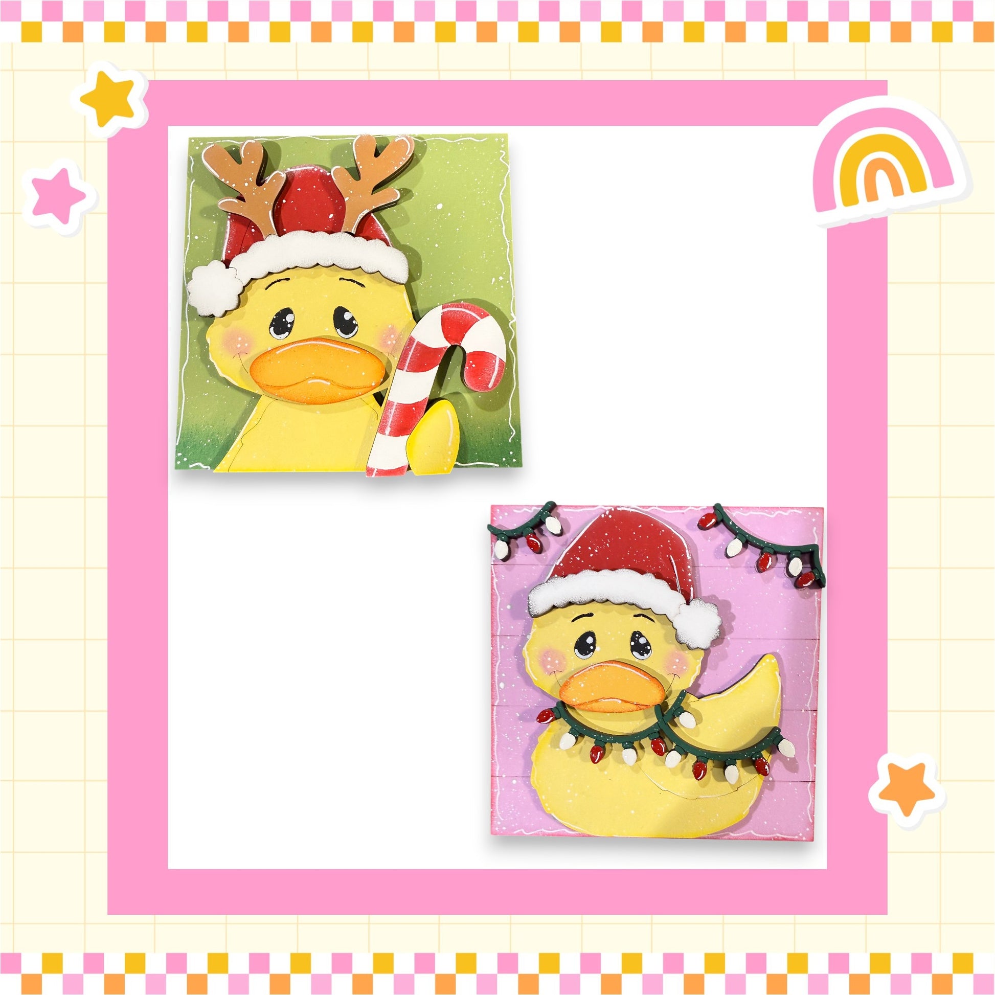two cheerful duck characters wearing Santa hats and festive Christmas decorations, such as a candy cane and garland, set against a pink and yellow checkered background.