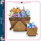 two baskets filled with colorful butterflies and flowers, creating a whimsical and charming scene.