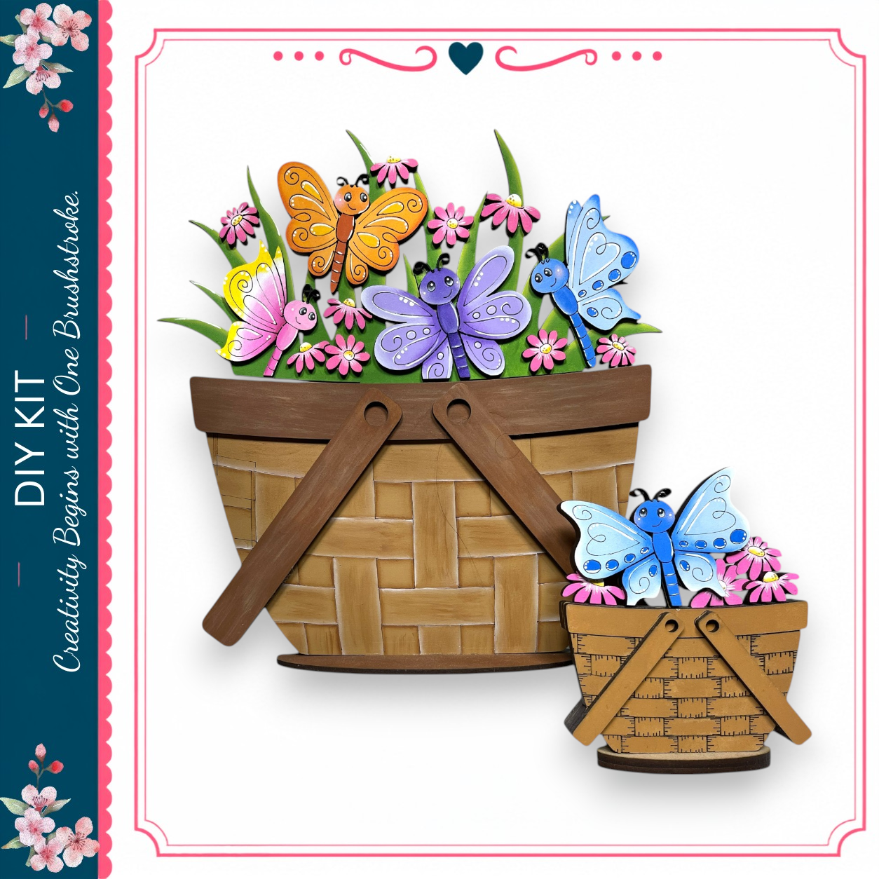 two baskets filled with colorful butterflies and flowers, creating a whimsical and charming scene.