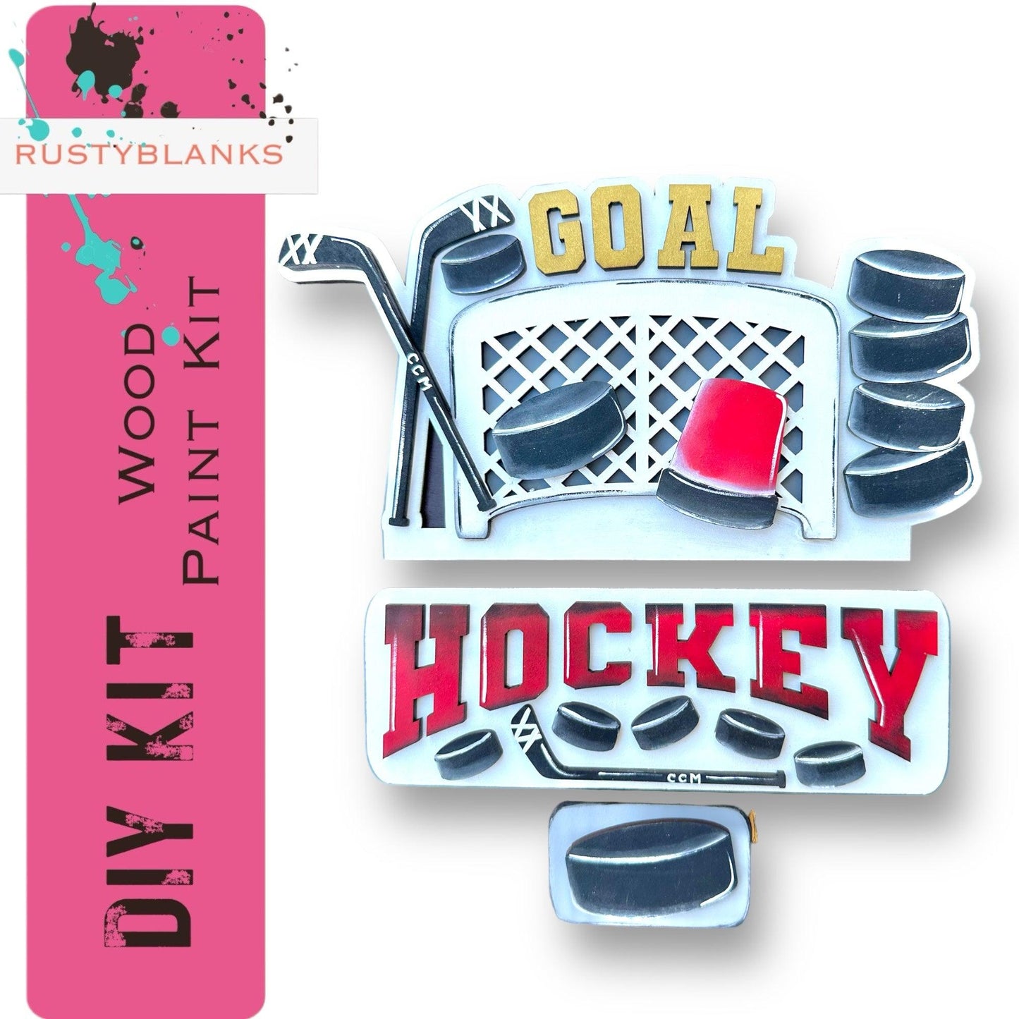 a pin with a hockey goal and hockey puck