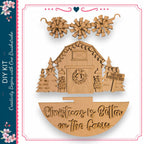 The image is a wooden Christmas tree decoration with a barn and wreath, featuring the text "Christmas is Better on the Farm" and "Farm Fresh Christmas Trees".