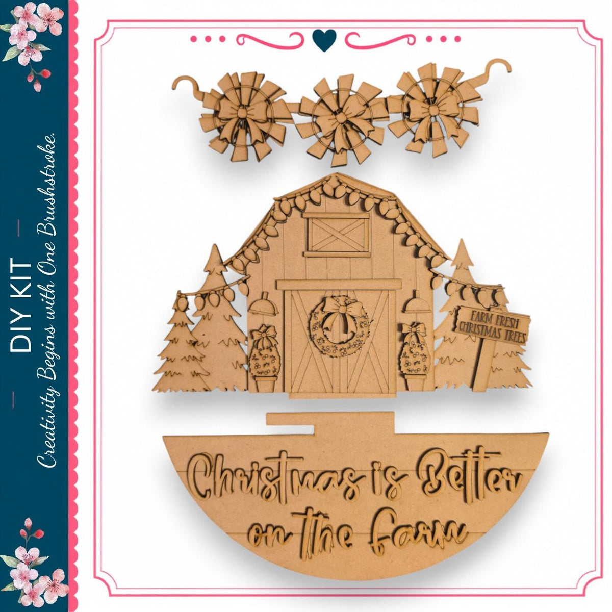 The image is a wooden Christmas tree decoration with a barn and wreath, featuring the text "Christmas is Better on the Farm" and "Farm Fresh Christmas Trees".