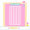 a pink background with a white grid pattern, and there is a heart-shaped object on the right side. The word "Re-useable" is displayed above the grid pattern, and the word "STENCILS" is written at the bottom of the image.