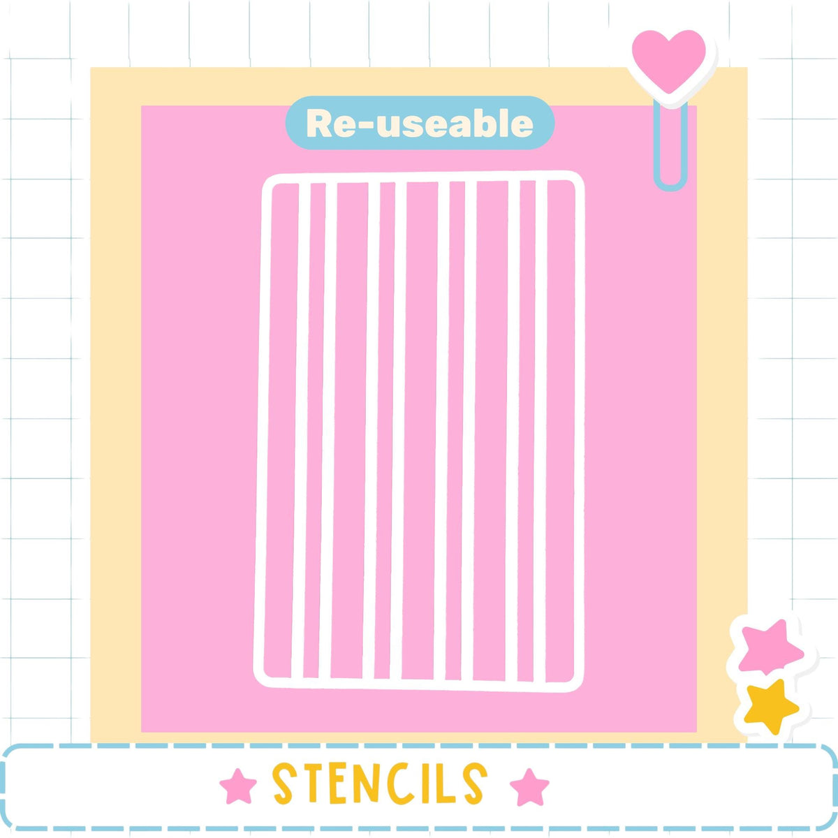 a pink background with a white grid pattern, and there is a heart-shaped object on the right side. The word "Re-useable" is displayed above the grid pattern, and the word "STENCILS" is written at the bottom of the image.