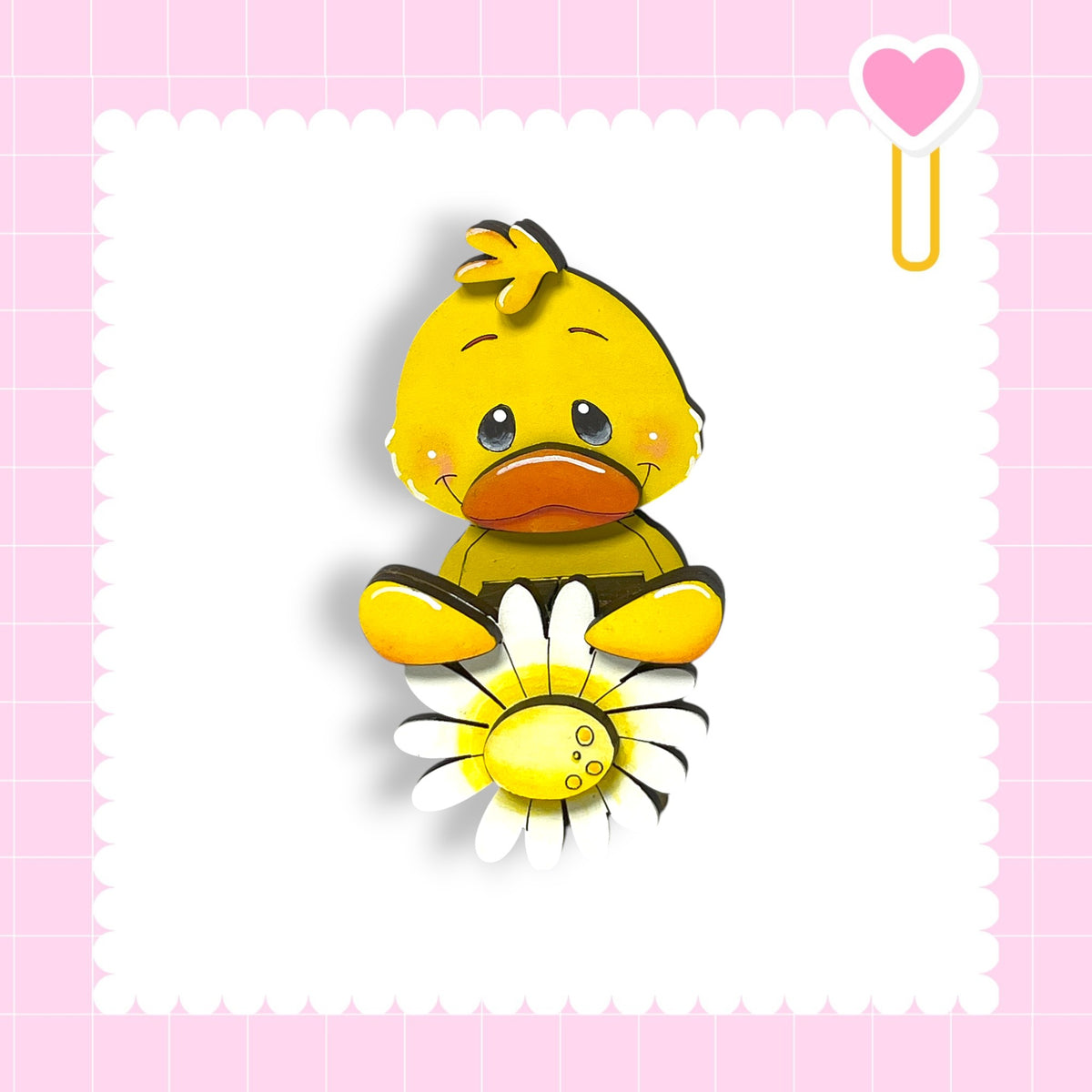A cheerful yellow duck holding a flower is the central focus of the image, set against a pink background with a scalloped edge.